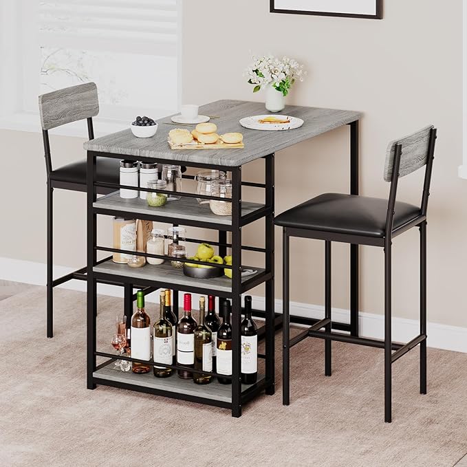 GAOMON Dining Table Set for 2, Kitchen Table and Chairs for 2 with Upholstered Chairs, 3 Piece Counter Height Bar Kitchen Table Set with 3 Storage Shelves for Small Space, Apartment, Rustic Gray