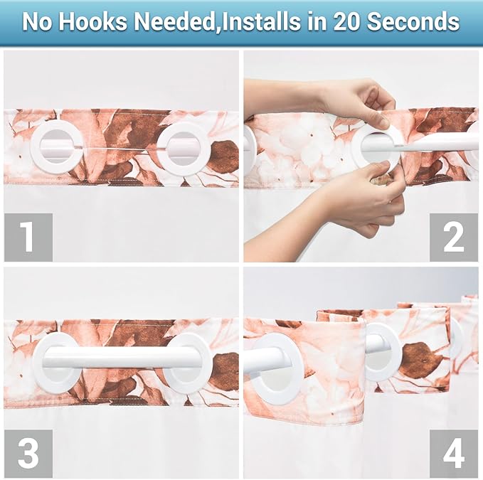 No Hook Shower Curtain with Snap in Liner - Eucalyptus Shower Curtain - Washable Waterproof Inner Liner, Plants Blush Leaves Modern Shower Curtains - Machine Washable, 71 x 74