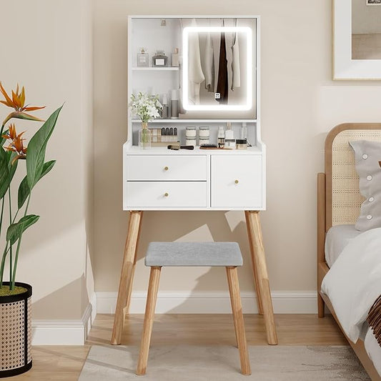 YOURLITE Small Vanity Desk with Mirror and Lights,Makeup Vanity Table with Chair and Drawers for Small Space, Compact Dressing Table with Sliding Door for Bedroom