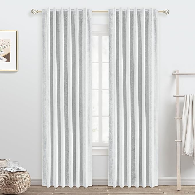 Static White Linen Blackout Curtains 84 Inch Length 2 Panels Set for Bedroom Darkening, 100% Black Out Thermal Insulated Back Tab Curtains Heating Blocking
