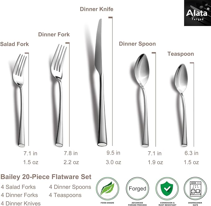 Alata Bailey 20-Piece Forged Silverware Set Stainless Steel Flatware Set,Service for 4,Mirror Polished Cutlery Set,Dishwasher Safe…