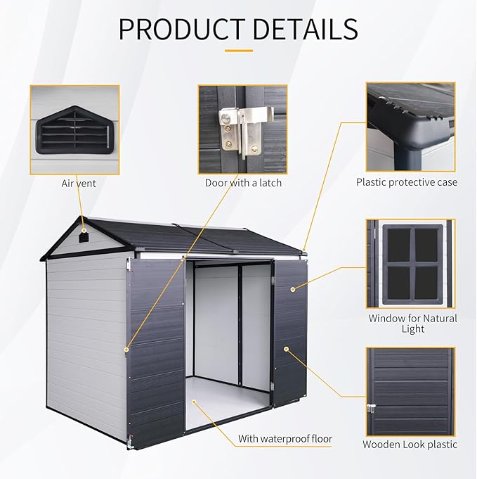 8x6 FT Outdoor Storage Resin Shed with Floor, Plastic Garden Tool Shed with Sloped Roof, Lockable Door & Windows, Easy to Assemble Bike Shed for Lawn, Backyard, Patio, White