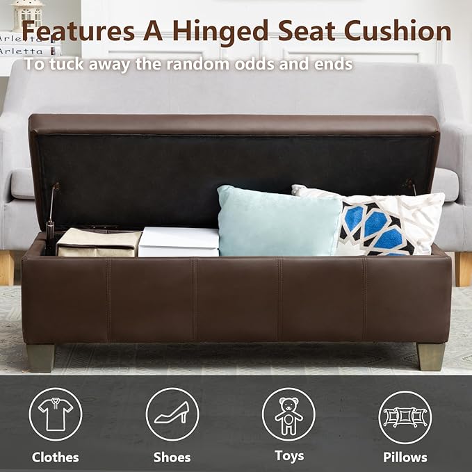 51 Inch Brown Faux Leather Ottoman with Storage, Rectangular Extra Long Bench, End of Bed Bench with Large Storage for Bedroom, Living Room