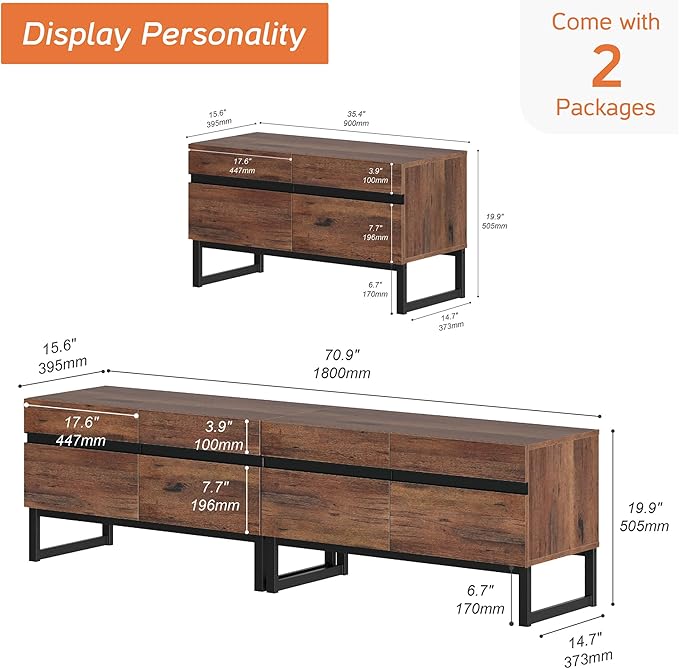 WAMPAT 2 in 1 Modern TV Stand for TVs up to 75 inch, Wood TV Entertainment Center TV Console with Storage Cabinets and Metal Base, Media TV Console for Living Room,Brown