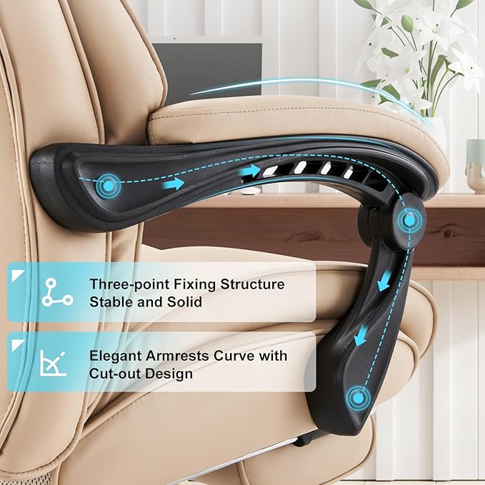 COLAMY Office Chair with Retractable Footrest, Ergonomic High Back Design Executive Computer Desk Chair with Removable Lumbar Pillow, 90-135°Reclining,Thick Bonded Leather for Home Office,2pcs-Khaki