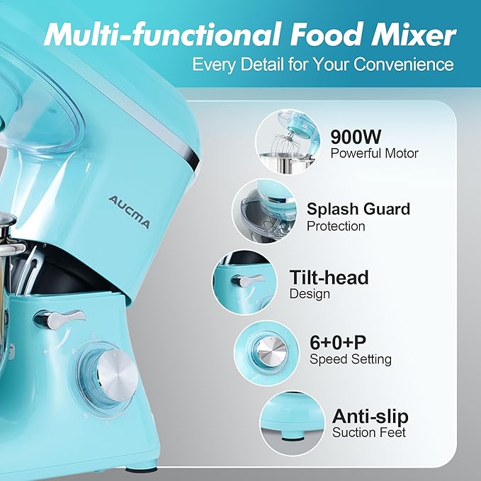 Aucma Stand Mixer, 900W 8QT Large Kitchen Mixer, Kitchen Electric Mixers with Dough Hook, Wire Whip & Beater (Blue, 8QT)