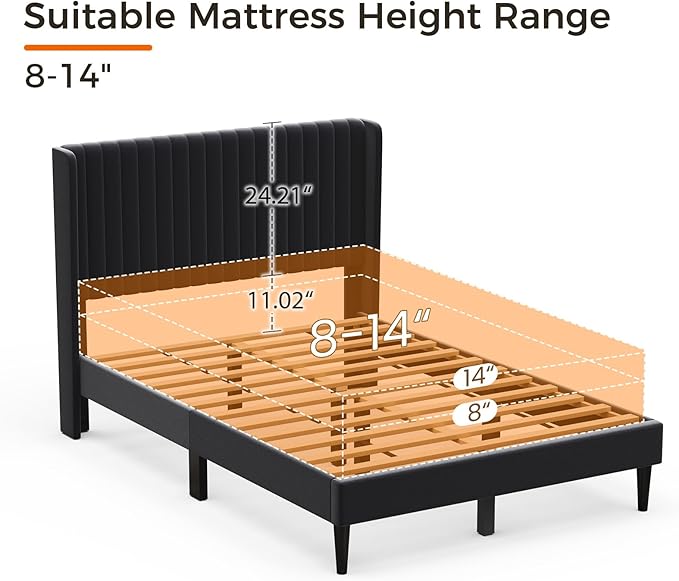 Casaottima Queen Bed Frame Upholstered Platform Bed with Wingback Headboard, Wooden Slats Support, Noise-Free Mattress Foundation, No Box Spring Needed, Easy Assembly, Vertical Stripe Deep Black