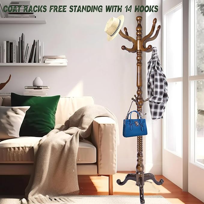 74" Wooden Coat Rack Stand,Coat Racks Freestanding With 14 Hooks And Solid Round Base Heavy Duty Adjustable Height Hall Tree Coat Rack for Entryway Hallway Foyer Office Bedroomf (Triangle Antique)