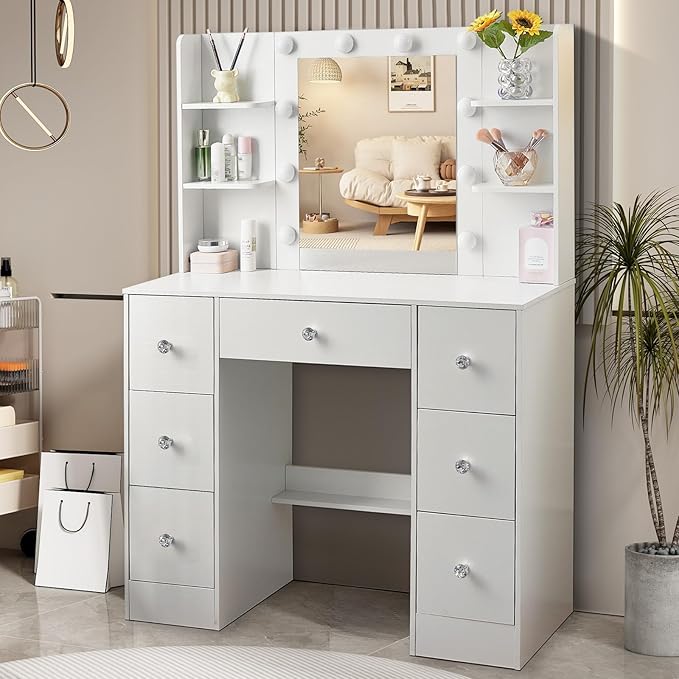 White Vanity Desk with Mirror and Lights, 3 Colors LED Lighted Hollywood Makeup Vanity Mirror with 10 Lights, Large Vanity Dressing Table with 7 Drawers, Crystal Knobs