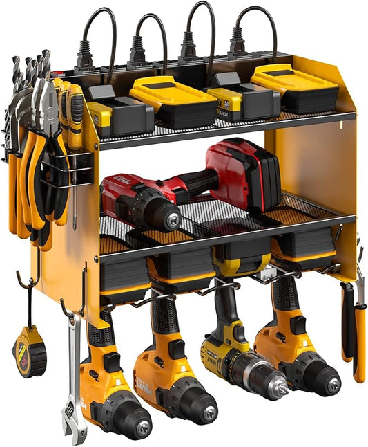 CCCEI Set Power Tool Organizer Wall Mount with Charging Station. Garage 4 Drill Storage Shelf with Hooks, Heavy Duty Metal Tool Battery Charger Organizer. Shop Utility Rack with Power Strip Yellow.