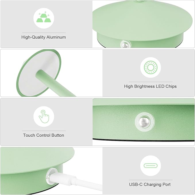 2-Pack 6000mAh Rechargeable Led Table Lamp Cordless,3000K-6000K Stepless Dimming Touch Lamps with Memory Function,IP54 Waterproof Aluminum Table Light for Outdoor/Bars/Restaurant/Patio(Green)