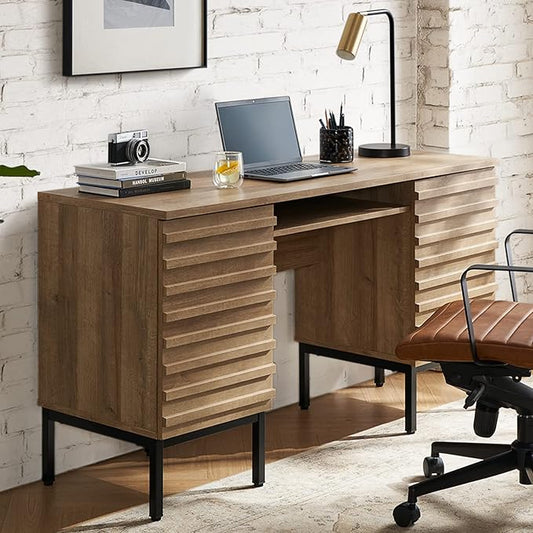 mopio Norwin Executive Desk, Modern Industrial Farmhouse Desks for Home Office, with Sturdy Metal Legs, Fluted Panel Dual Cabinet