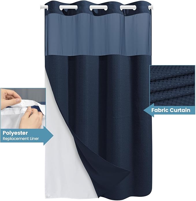 Navy Blue Stall No Hook Shower Curtain with Snap in Liner,230GSM Waffle Weave Shower Curtains for Bathroom,54W x 80H