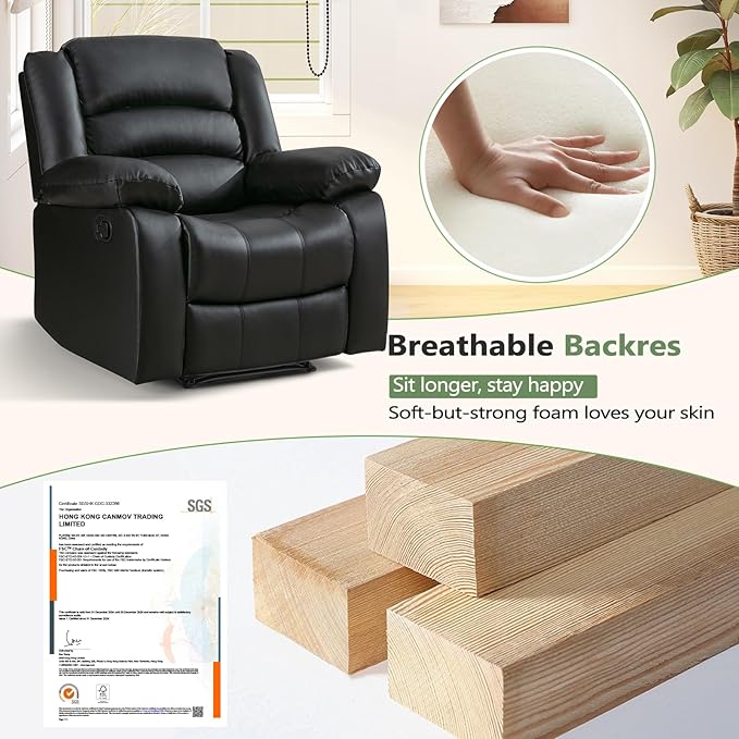 ANJ Black Recliner Chair Set of 2, with Overstuffed Arm and Back, Breathable Faux Leather Manual Reclining Chairs, Living Room Single Sofa Recliners