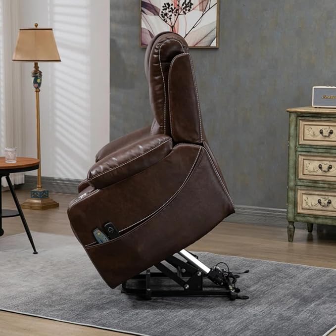 Oversized Power Lift Recliners, Lift Recliner Chairs with Heat and Massage for Elderly, Comfortable Extra Wide Recliner Features Cup Holder for Big and Tall Men (Brown Leather)