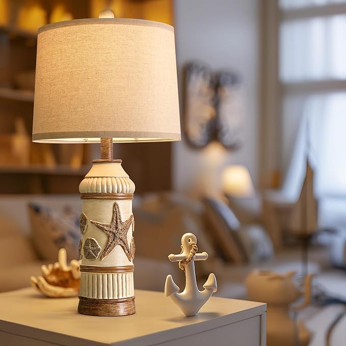 OYEARS 24" Table Lamps Set of 2,Boho Table Lamps for Living Room,Bedside Lamp for Nightstands,Coastal Nautical Lamp with Starfish Conch Pattern for Decor, End Table, Vintage Retro Beach, Off White