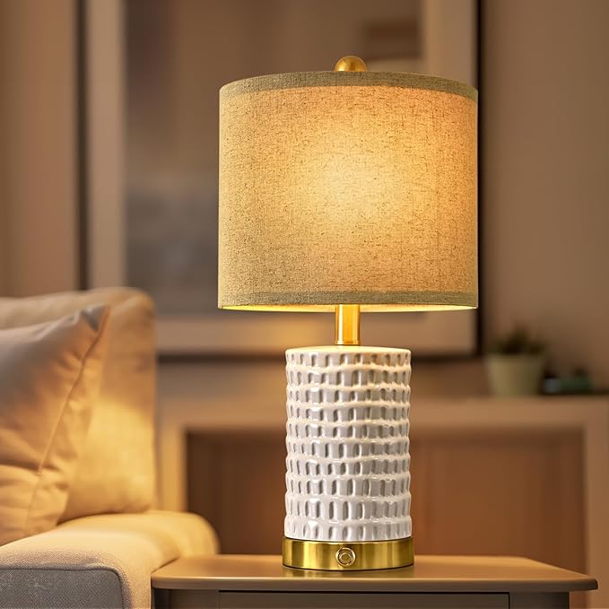 PORTRES 19" Farmhouse 3-Way Dimmable Touch Ceramic Table Lamp Set of 2 White Bedside Lamps for Bedroom Lamps for Living Room Nightstand Lamp End Table lamps with USB A+C Charging Ports(Bulbs Included)