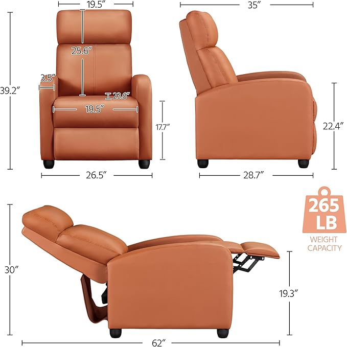 Yaheetech Recliner Chair PU Leather Recliner Sofa Home Theater Seating with Lumbar Support Overstuffed High-Density Sponge Push Tan Recliners