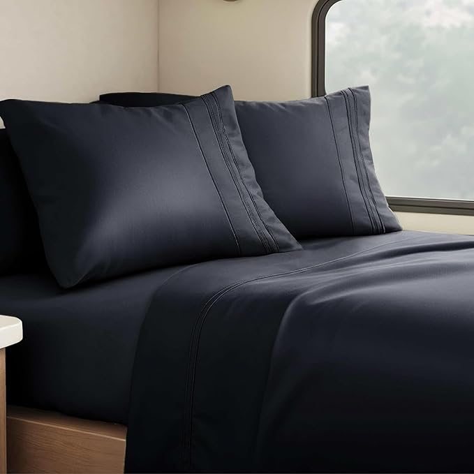 Clara Clark Bed Sheets, Premier 1800 Series 4 Piece RV Queen Sheet Set, Luxury Soft Sheets for RV Bunks, Short Queen - Black