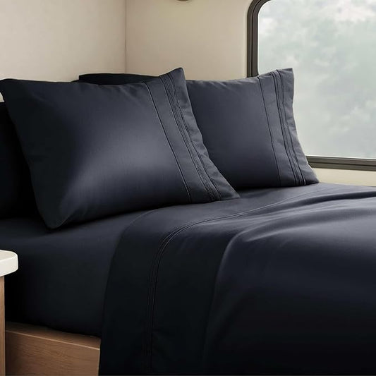 Clara Clark Bed Sheets, Premier 1800 Series 4 Piece RV Queen Sheet Set, Luxury Soft Sheets for RV Bunks, Short Queen - Black