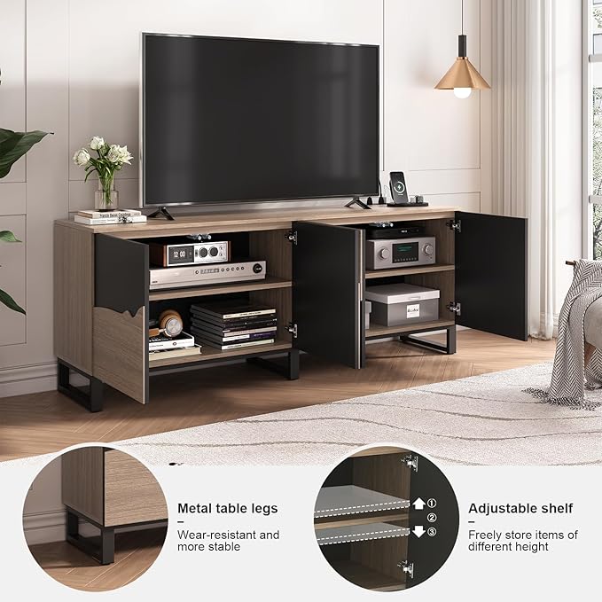 70" TV Stand with Power Outlet, Black Large TV Stands for 75 Inch TV, Entertainment Center TV Cabinet with Storage and Adjustable Shelf, Live Edge TV Console Table for Bedroom Living Room
