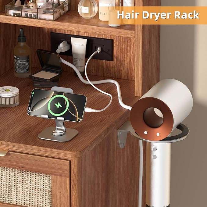 LEYAOYAO Rattan Vanity Desk with Mirror and Lights, 43.5'' Boho Makeup Vanity with 6 Drawers and Adjustable Shelves, Brown Make Up Vanity Dressing Table with Glass Top and Power Outlet for Bedroom