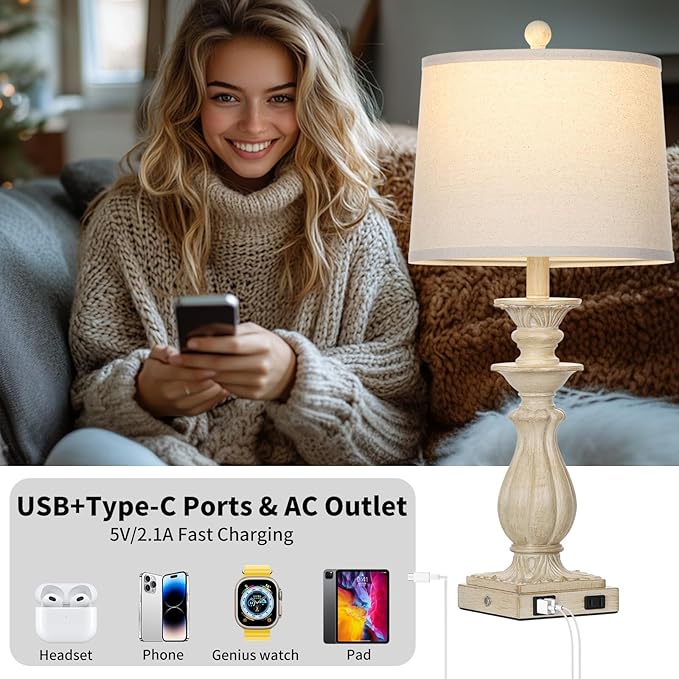 28" Farmhouse Table Lamps Set of 2 for Living Room, 3 Way Dimmable Bedside Lamp with USB C+A Ports & AC Outlet, Resin Vintage Tall Nightstand Lamps for Bedroom Office Hallway, Beige