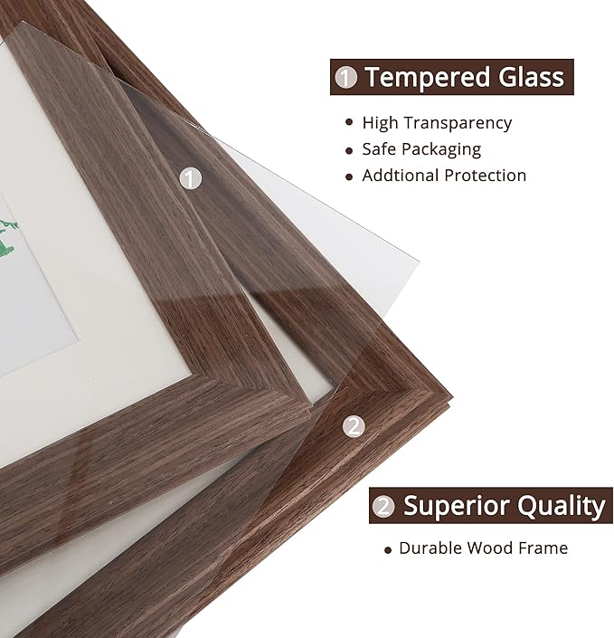 GraduationMall 8x10 Wooden Picture Frames,Display Photos 5x7 with Mat or 8x10 Without Mat,Real Glass,Wall or Tabletop Display,Rustic Brown Set of 2