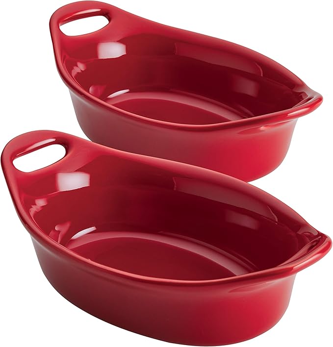 Rachael Ray Solid Glaze Ceramics Au Gratin Bakeware / Baker Set, Oval - 2 Piece, Red