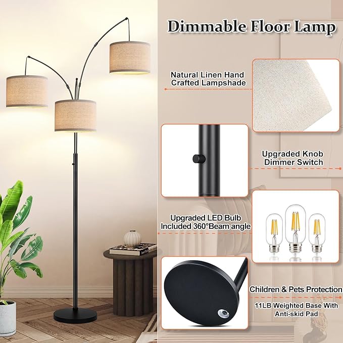 Dimmable Floor Lamp - 3 Lights Arc Floor Lamps for Living Room, 1000LM Modern Tall Standing Lamp With Beige Shades & Heavy Base, Mid Century Tree Floor Lamp for Bedroom Office, 3 LED Bulbs Included