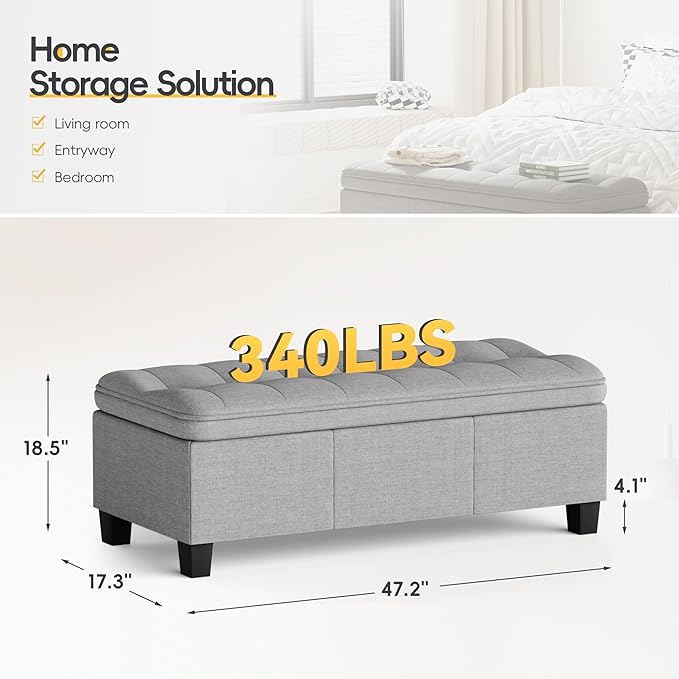 JUMMICO 47 Inches Storage Ottoman with Legs, End of Bed Bench, Foot Rest for Couch, for Living Room, Bedroom, Entryway, 17.3" D x 47.2" W x 18.5" H, Easy Assembly (Light Gray)