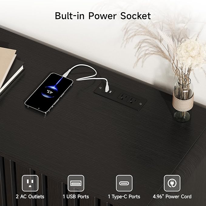 63-Inch TV Stand for TVs up to 75 Inch, Mid-Century Modern Television Stand with Power Outlet， Entertainment Center with Sliding Grille Door Cabinets and Open Shelves for Living Room, Black