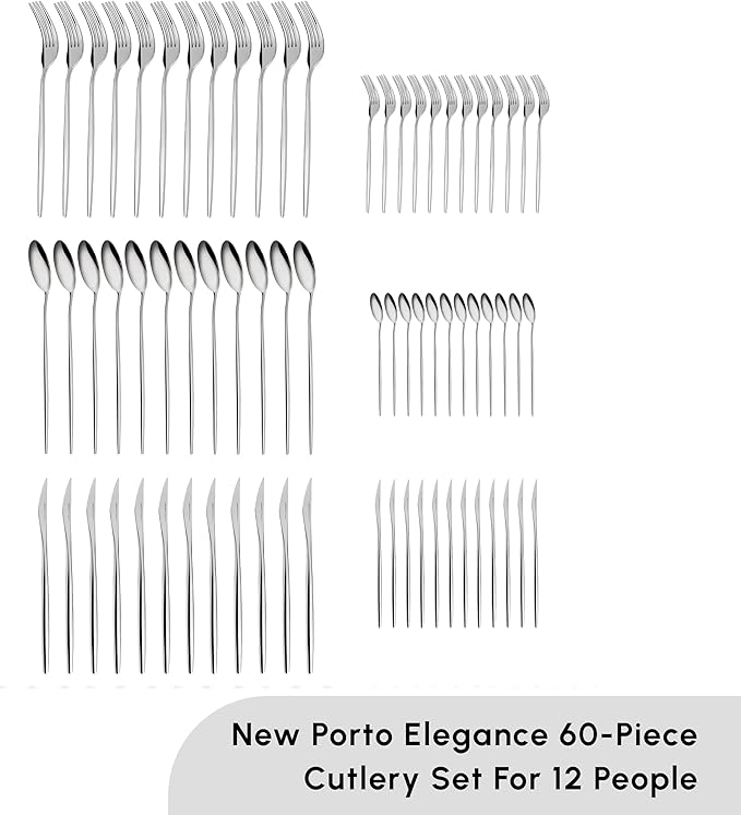 Karaca New Porto Elegance 60-Piece Cutlery Set for 12 People, Tablespoons, Table Forks, Premium Quality, Healthy and Hygienic, Modern Design, Stainless Steel Cutlery Set