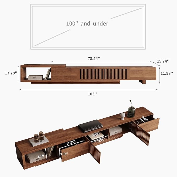 Adjustable Length 78"-103" TV Stand with 2 Doors and 2 Drawers, Entertainment Center with Storage for Living Room Bedroom, Mid Century Modern TV Console, Media Console, Television Stand, Walnut