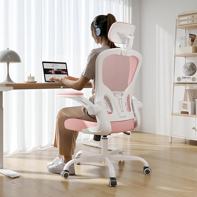 Office Chair Ergonomic Desk Chair, 330LBS Capacity, High Back Computer Chair for Long Hours Comfortable, Rolling Swivel Executive Task Chair for Home Office with Flip-up Armrests（White Pink）