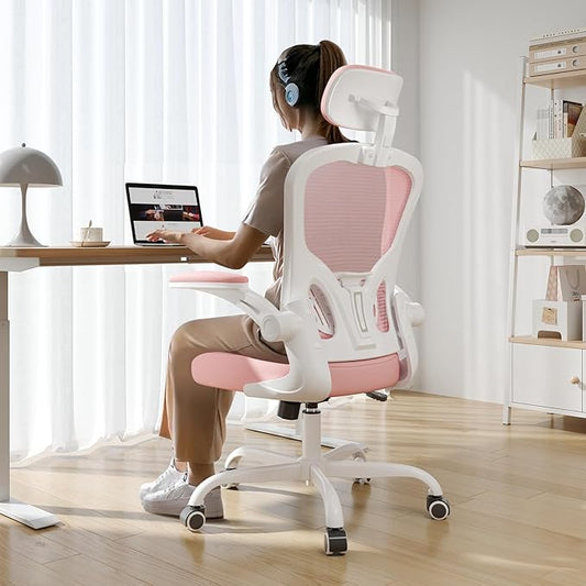 Office Chair Ergonomic Desk Chair, 330LBS Capacity, High Back Computer Chair for Long Hours Comfortable, Rolling Swivel Executive Task Chair for Home Office with Flip-up Armrests（White Pink）