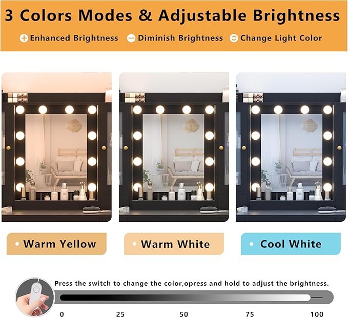 Vanity Desk with Mirror and Lights, 43" Black Makeup Vanity Set with 5 Drawers & Glass Cabinets, Storage Stool, Power Outlet & Adjustable LED Lights, Dressing Table for Women & Girls Bedroom