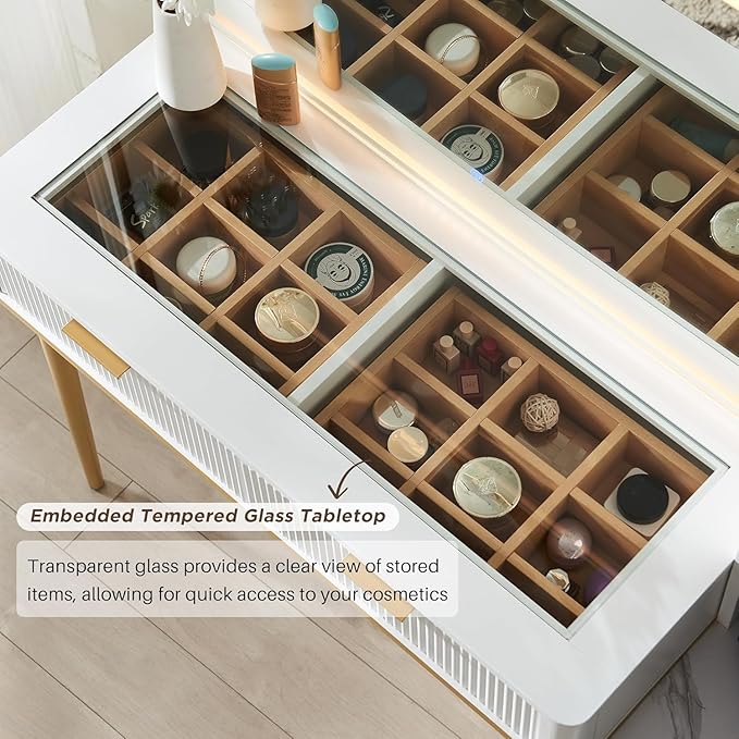 T4TREAM Fluted Makeup Vanity Desk with 36" HD Lighted Mirror, 48" Big Modern Vanity Desk with Mirror and Lights, Dressing Table with 5 Drawers & Shelves, Glass Top for Bedroom (Off White)