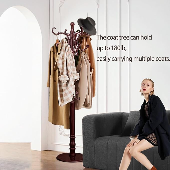 Coat Rack Freestanding, Wooden Coat Tree with Stable Round Base, Vintage Heavy Duty Coat Rack Stand with 14 Hooks, Coat Hanger Stand for Bedroom, Office, Entryway (Mahogany)