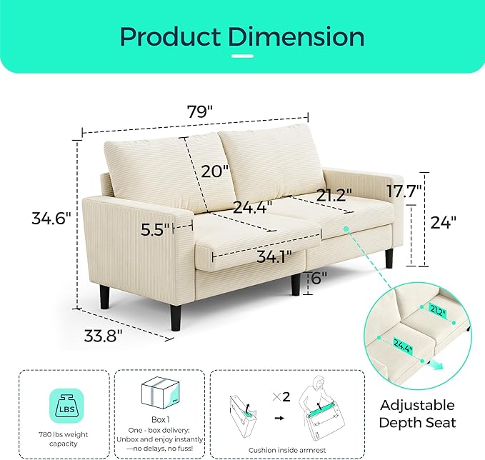 LINSY 79'' Beige Loveseat Sofa - Comfy Couch Corduroy Love Seat Couch with Adjustable Seat Depth Ergonomic Design Modern 2-Seater Soft Sofa for Living Room Bedroom Apartment Office, Beige