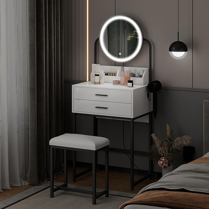 ARTETHYS Small Vanity Desk with Mirror and Lights Compact Makeup Vanity Set with Drawers for Bedroom Mini White Modern Dressing Table with Stool