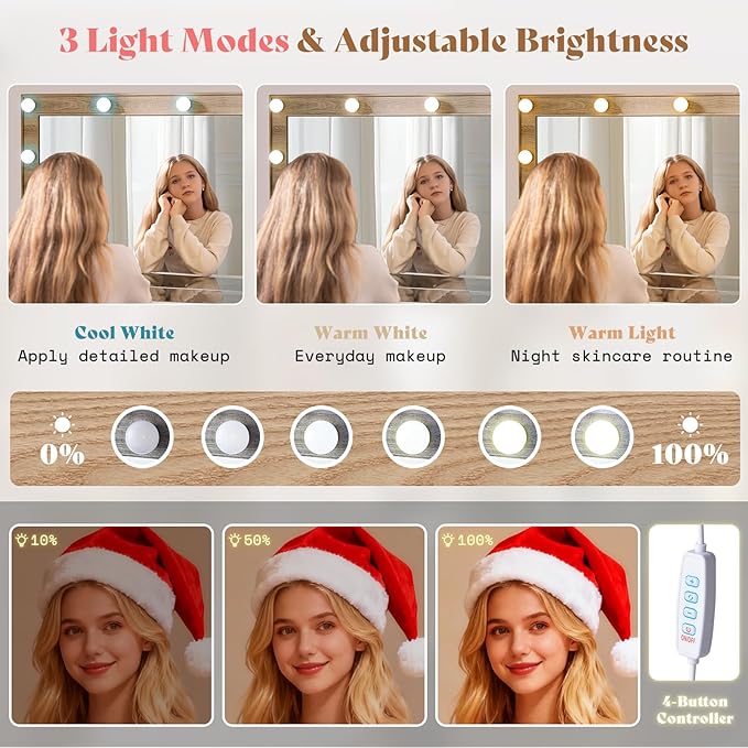 AMERLIFE 47.2" Fluted Vanity Desk with Large Mirror and Adjustable LED Lights, 7 Drawers Makeup Table with Glass Top and Charging Station for Women and Girls, Bedroom or Dorm, Oak