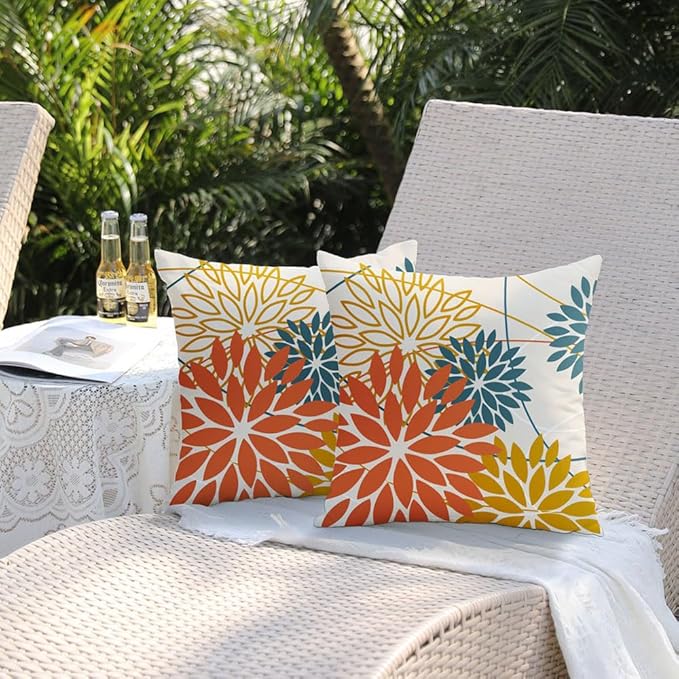 Orange and Yellow Floral Pillow Covers 18x18 Set of 2 Fall Outdoor Waterproof Decorative Throw Pillows Summer Pillowcovers Polyester Cushion Case Decor for Couch Patio Funiture Garden Porch 01Q18