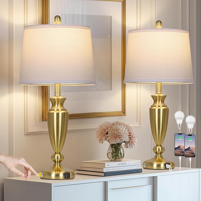 27'' Gold Table Lamps for Living Room, 3 Way Touch Control Bedside Lamps Set of 2 with USB A+C Ports, Modern Metal Nightstand Lamps for Bedroom Living Room Office End Table