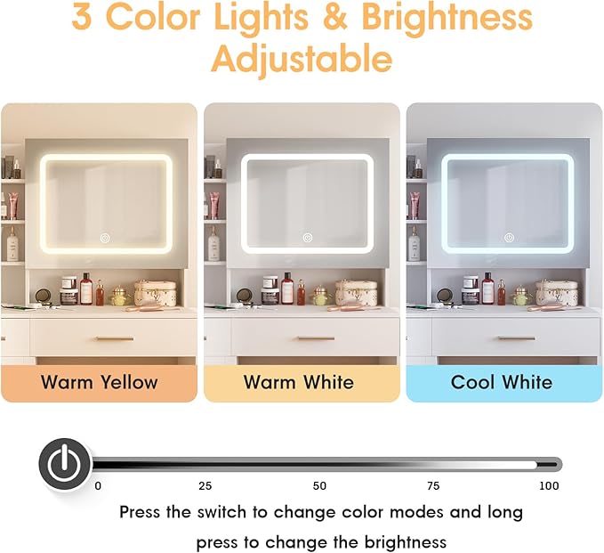 Vabches Vanity Desk with Mirror and Lights, Makeup Vanity with Charging Station, Vanity Table with Drawers, Shelves and Large Storage Cabinet for Home and Bedroom