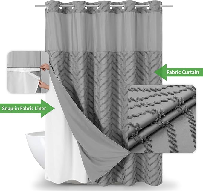 No Hook Tufted Chevron Striped Shower Curtain with Snap-in Fabric Liner set-71Wx74H(72H),Grey Hotel Grade Boho Style Shower Curtain with See Through Top Window,Water Repellent