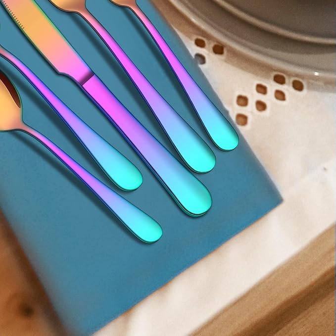 20 Piece Rainbow Silverware Set, ENLOY Colorful Stainless Steel Flatware Cutlery Set, Kitchen Utensil Set Service for 4, Include Forks Spoons Knives, Reusable, Mirror Polished, Dishwasher Safe