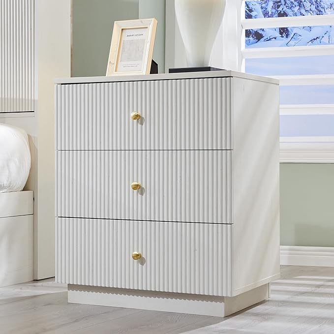 21.65" Night Stand with Charging Station, Fluted Nightstand with Drawer, 3 Drawer Dresser for Bedroom, Modern End Table Bedside Table Chests of Drawers for Bedroom, Living Room, Antique White