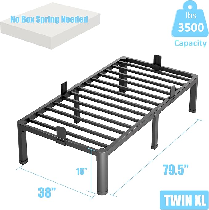 FUIOBYVV Twin XL Bed Frames with Round Corner Edge Legs 16 inch High 3500 lbs Heavy Duty Metal Platform Bed Frame Twin Size No Box Spring Needed/Non-Slip/Steel Slat Support/Noise Free