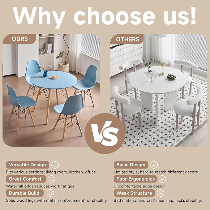 31.5'' 5 Piece Round Dining Table Set for 4, Mid-Century Modern Table with Chairs, Space Saving, Plastic Seats, Wood Legs, Circle Dinner Table for Kitchen, Home, Apartment, Blue